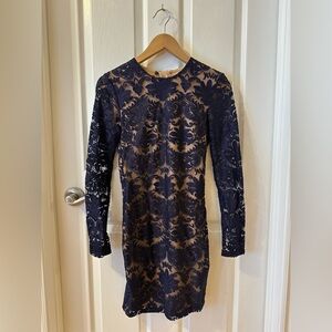 H&M Navy Lace Long-Sleeve Sheath Dress with Nude Lining
